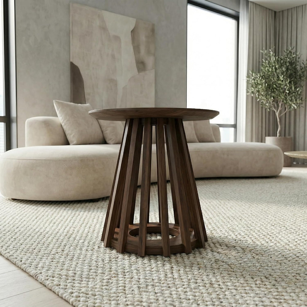 DUOMAY Modern Solid Wood Round Side Table with Geometric Base, Wood Accent En...