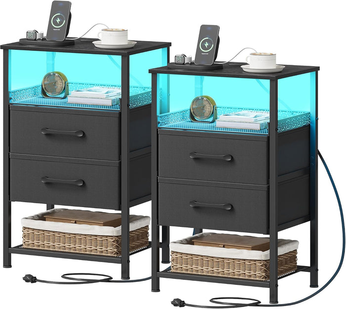 JARHETUN Nightstand Set of 2 with Charging Station, Night Stands with LED Lights, 26.4 Inch Tall Bedside Table with Metal Shelf, Side Table with 2 Fabirc Drawers for Bedroom, Black
