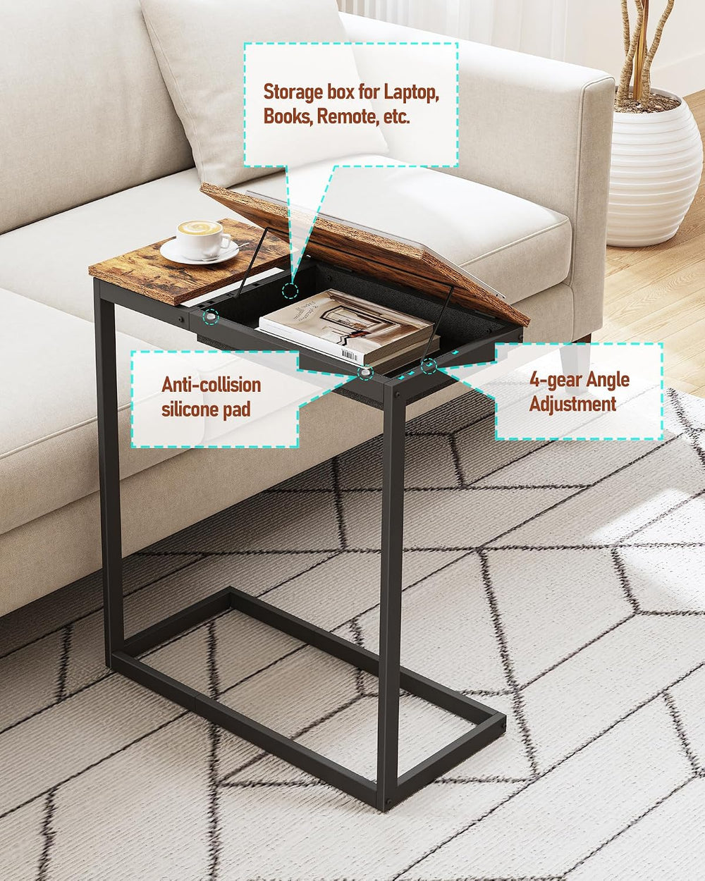 TUTOTAK C Shaped End Table, Tilting Laptop Stand Side Table, Under Couch Tabl...