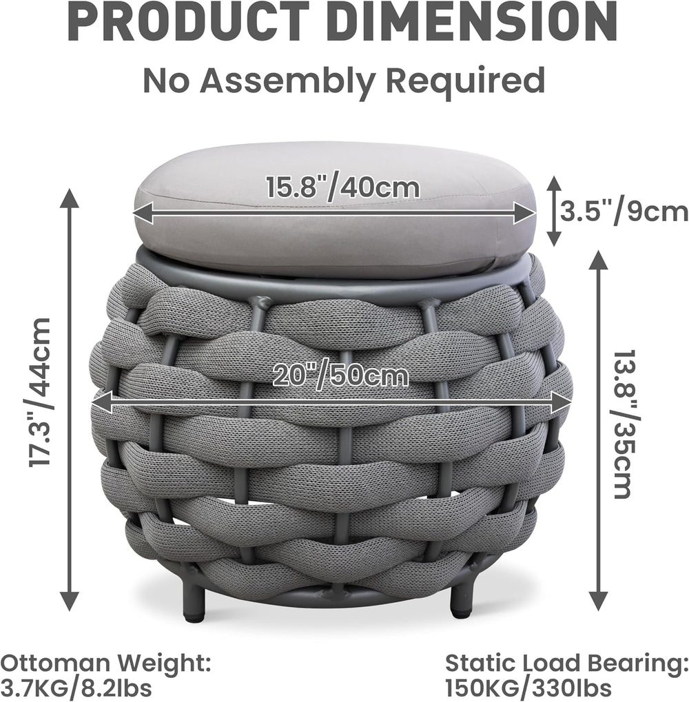 Round Patio Ottoman: Woven Textilene Rope Footstool with φ15.8'' Cush...