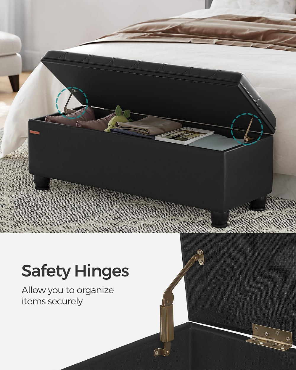 SONGMICS Storage Ottoman, 46.5 Inches Long Bed End Stool, Solid Wood Legs | B...