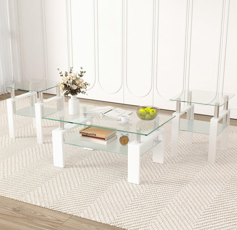 Glass Coffee Table Set of 3, 3-piece Living Room Tables with Tempered Glass a...