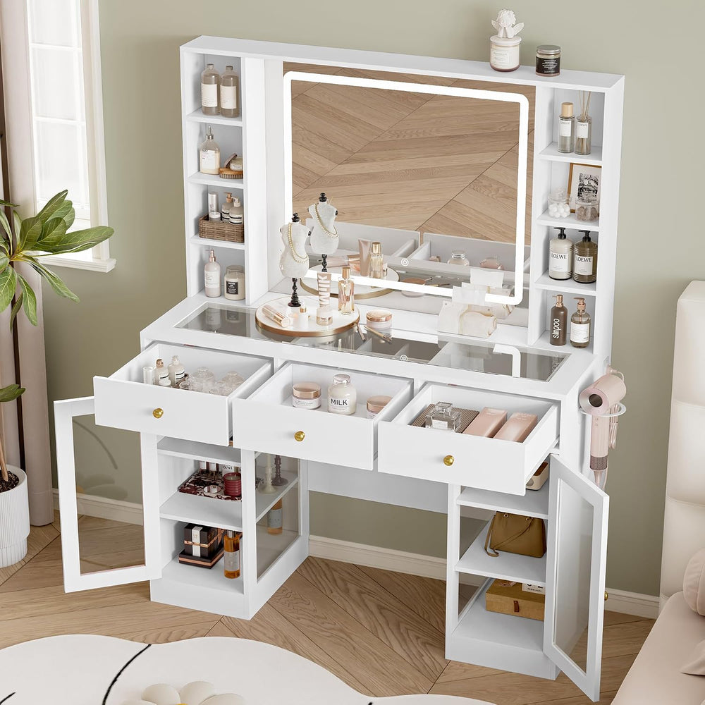 Makeup Vanity Desk with Mirror and Lights, 43" White Vanity with Glass T...