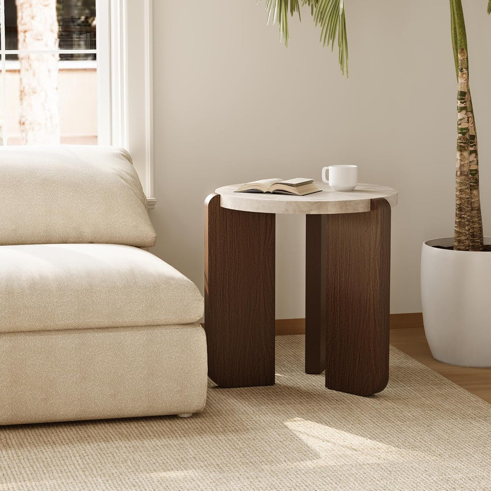 HOMPUS Farmhouse Round End Table, French Country White Bedside Table, Faux Ma...