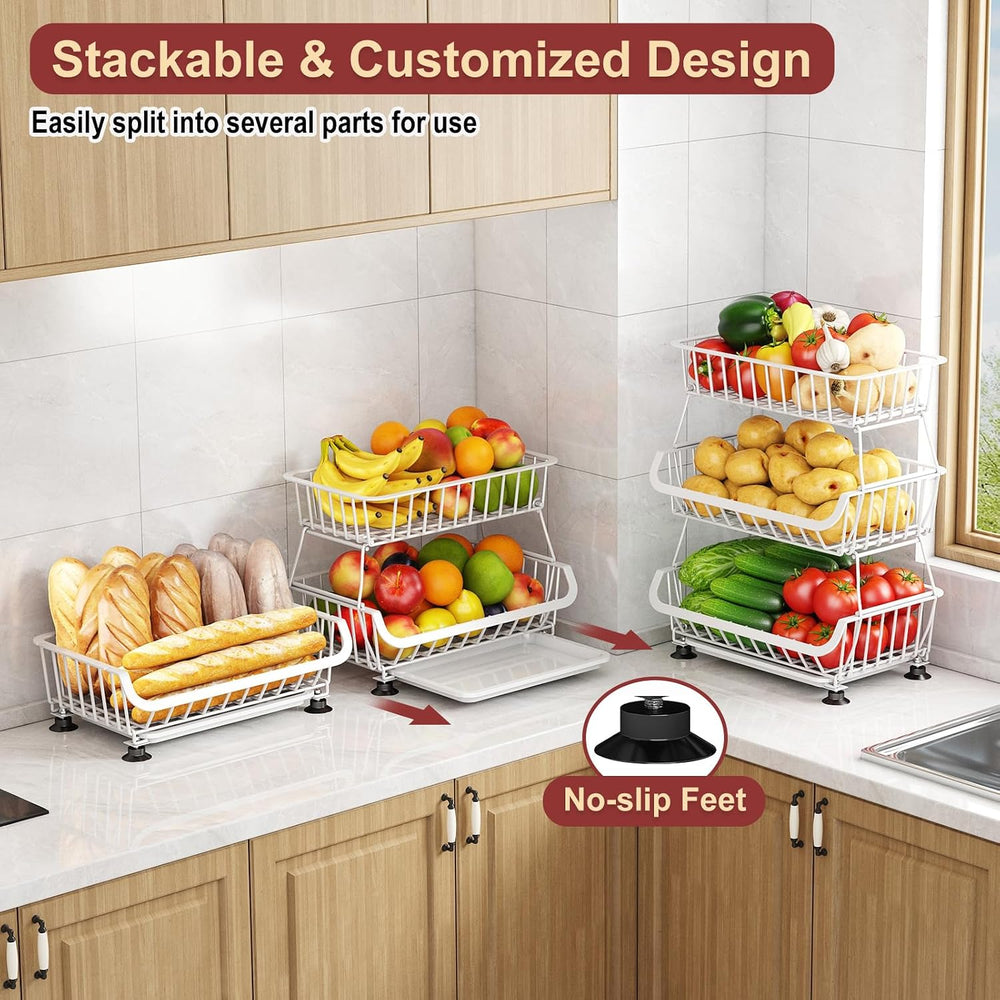 3-Tier Rolling Pantry Cart with Wheels, Stackable Wire Storage Floor Organize...