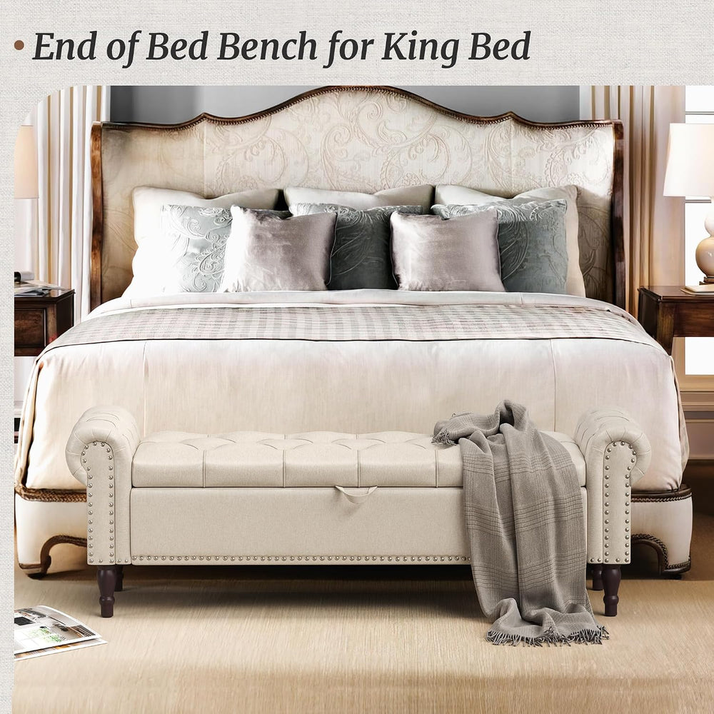 Cozyman Storage Bench Ottoman, 61" King Linen Rolled Arm Bedroom End of ...