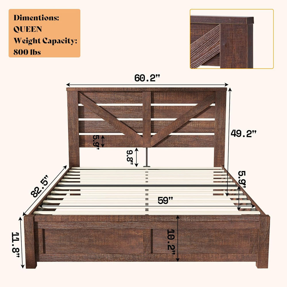 AMERLIFE Farmhouse Queen Size Bed Frame with 49" Barn Door Headboard, Brown