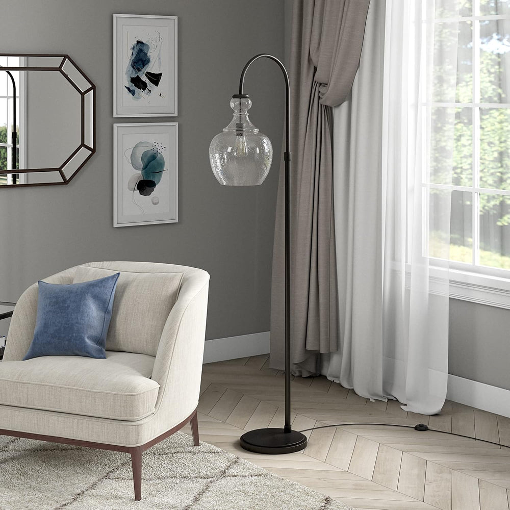Henn&Hart Arc Floor Lamp with Glass Shade in Blackened Bronze/Seeded, Flo...