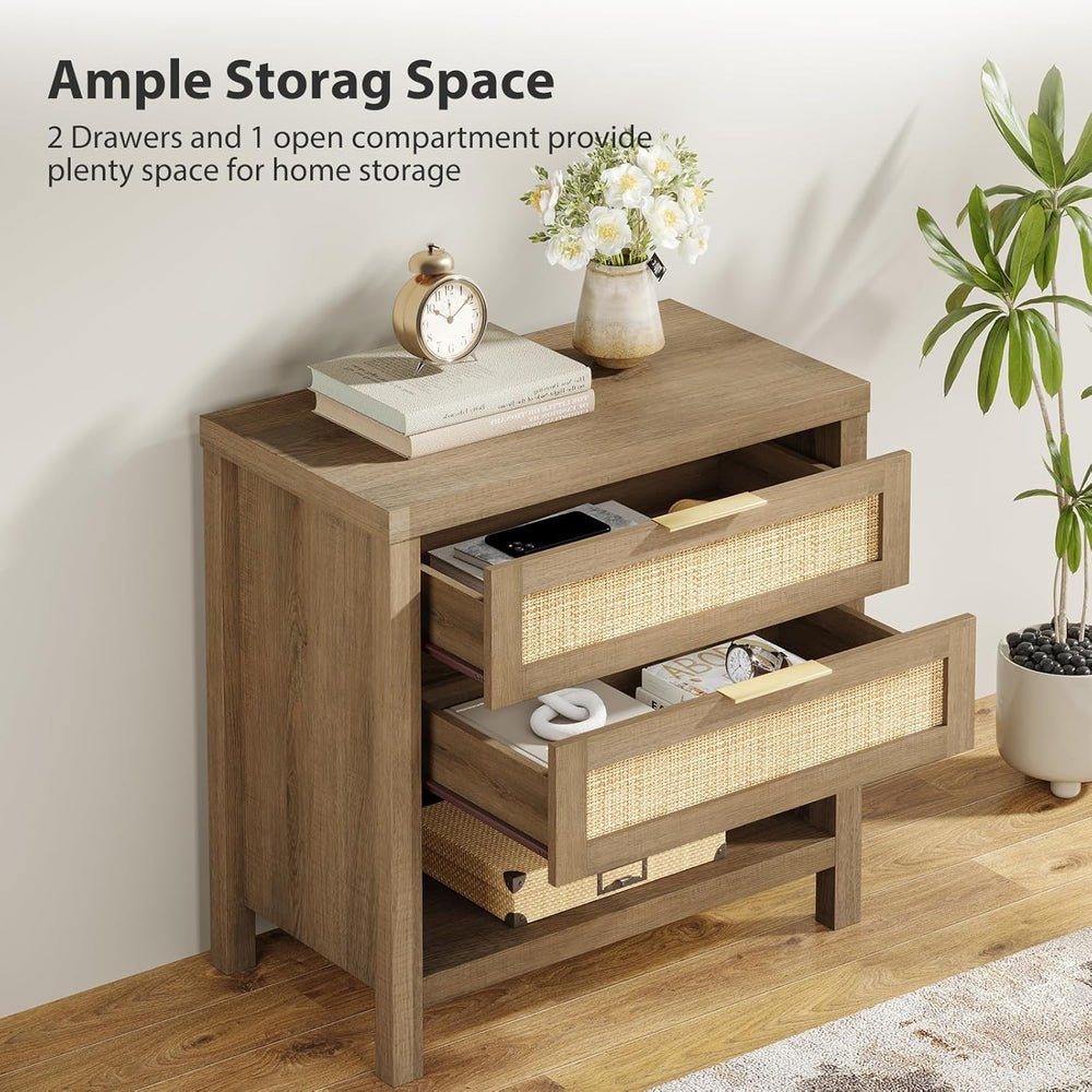 Eclatara Rattan Nightstands Set of 2 with 2 Drawers and Storage Shelf | Ratta...