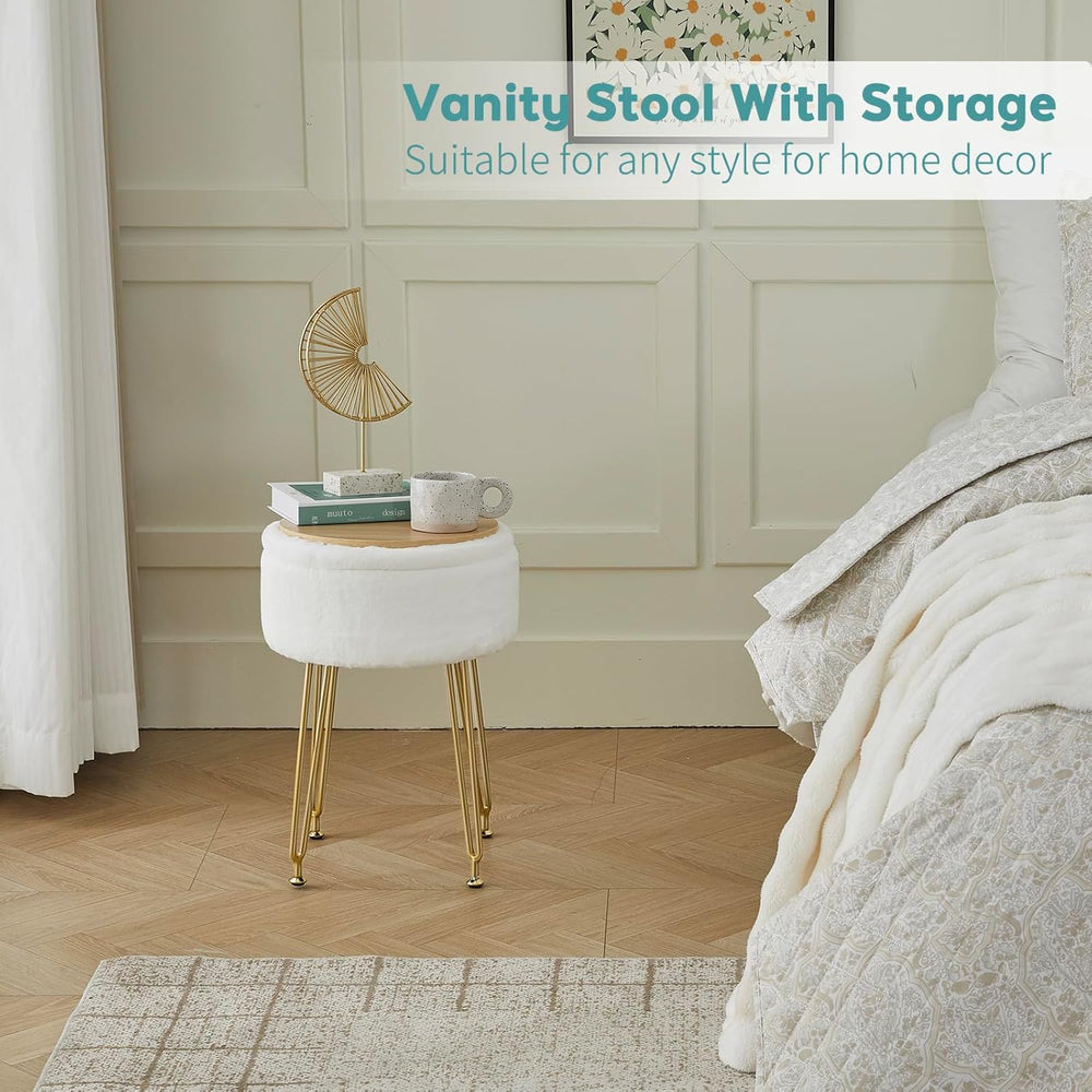 BRIAN & DANY Vanity Stool, Faux Fur Vanity Stool Chair with Storage, Roun...