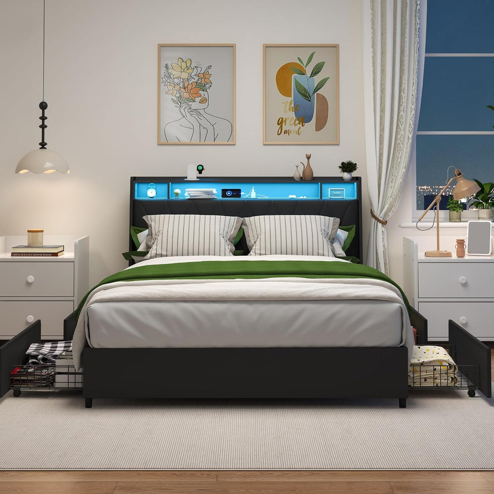 Peanu Full Bed Frame, Ergonomic Headboard, LED Lighting Black