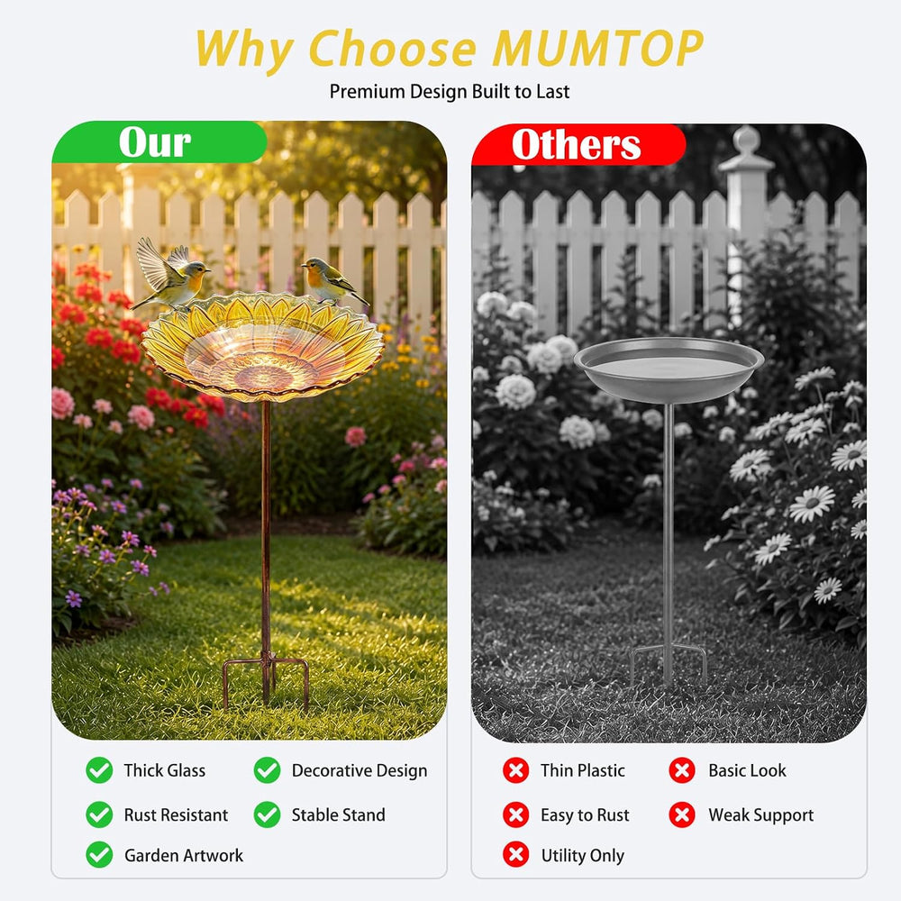 MUMTOP Glass Bird Bath, Garden Outdoor Birdfeeder with Metal Stake, Yellow
