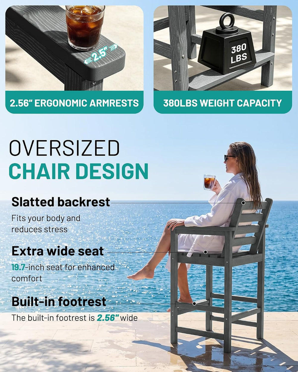 PLUUV Tall Bar Height Adirondack Chairs Set of 2 with Table, Grey