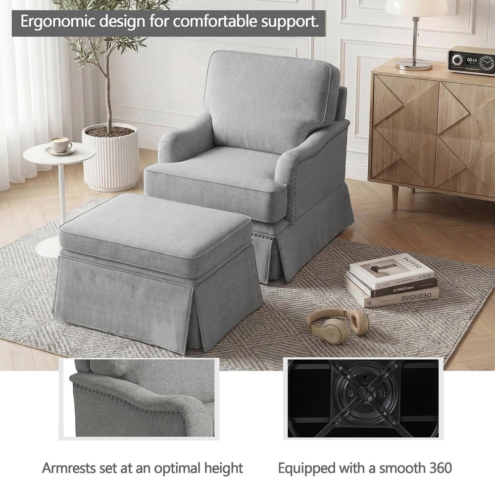 Swivel Accent Chairs Set of 2 with Ottoman, Light Gray