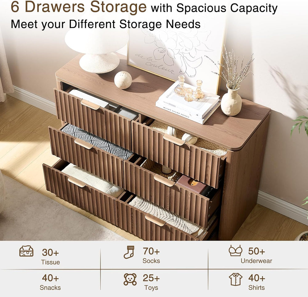 Fluted 6 Drawers Dresser for Bedroom-47.3" Wide Wooden Chest of Drawers ...