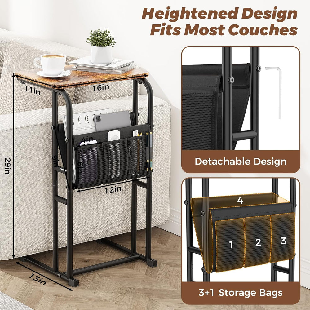 Olldide C-Shaped End Table with Storage Bag, Slide Under Couch Sofa Side Tabl...