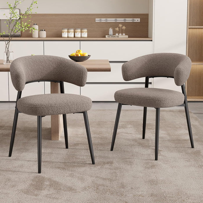 Dining Chairs Set of 2, Mid Century Modern Kitchen Chairs, Boucle Upholstered Dining Chair with Curved Backrest & Metal Legs for Kitchen Dining Room, Brown