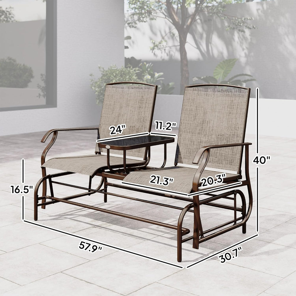 Outsunny Outdoor Glider Bench with Center Table Metal Frame Armrests Brown | ...