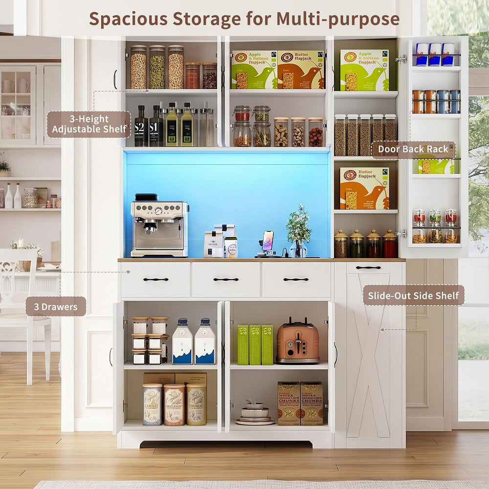 70.9" Tall Farmhouse Pantry Cabinet with Pull-Out Storage Cart & LED...