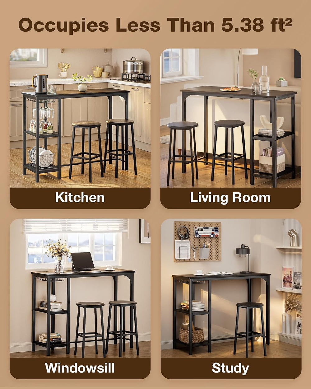 Qsun Small Bar Table Set for 2 | Kitchen Table for 2 with 2 Storage Shelves &...