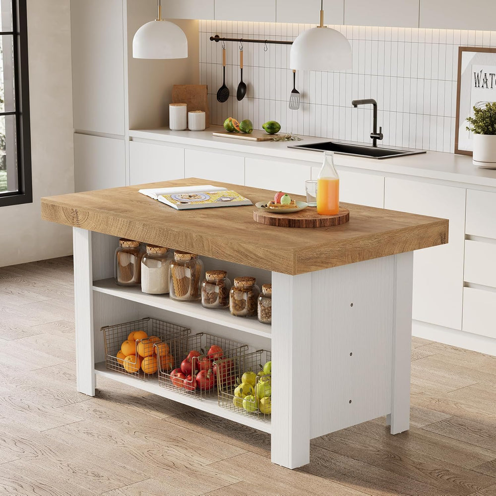 LITTLE TREE 55 Inches Kitchen Island with Storage, 3-Tier Farmhouse Stationar...
