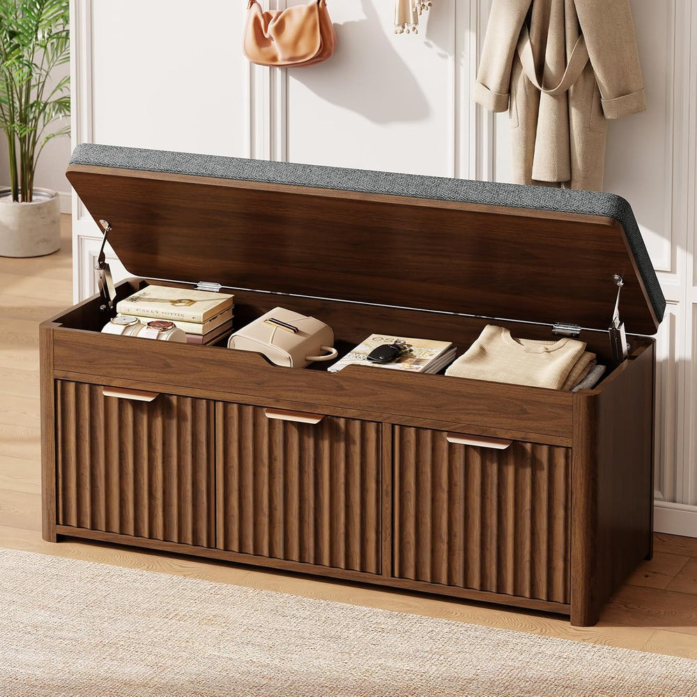 37.4" W Shoe Bench with Storage, Lift Top Entryway Bench, Walnut | 2-Tie...