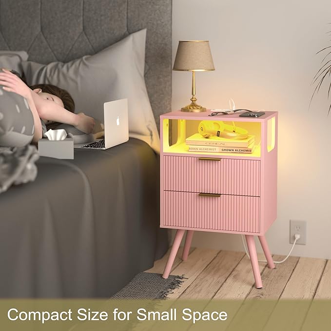 Pink Nightstand with Charging Station and LED Lights,Modern Bedside Table wit...