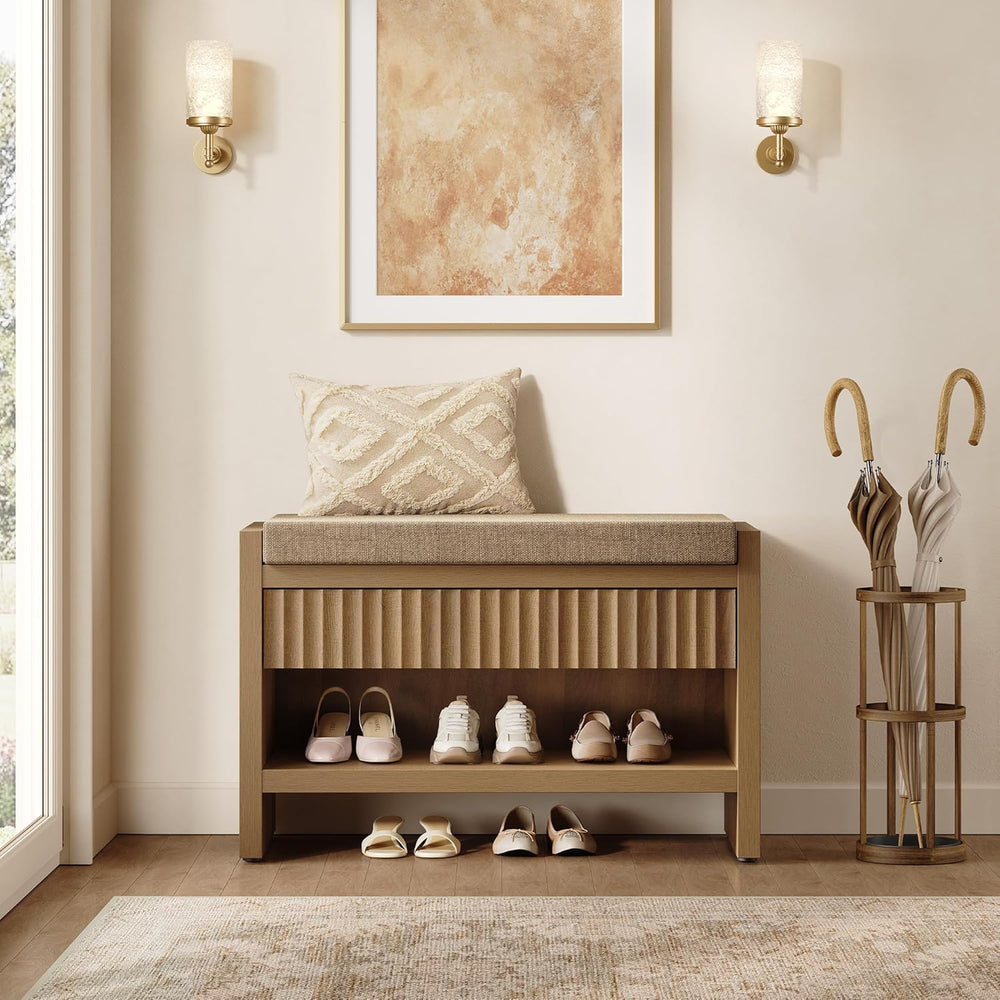 SICOTAS Fluted Shoe Bench with Cushion & Drawer for Entryway, Caramel Oak...