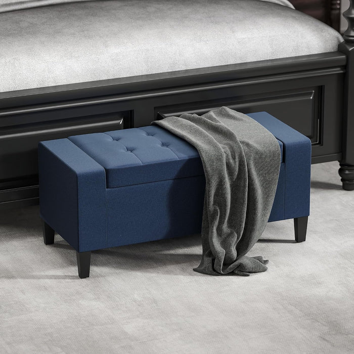 HOMCOM 36" Ottoman with Storage, Lift Top Rubberwood Legs 330 lb Dark Blue | Storage Ottoman Bench, Linen Upholstered Entryway Seat, Living Room, Bedroom