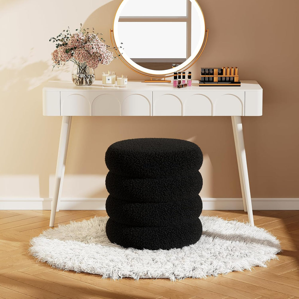 Soft Teddy Round Ottoman with Tray, 17.5 Inches Ottoman Coffee Table with Sto...