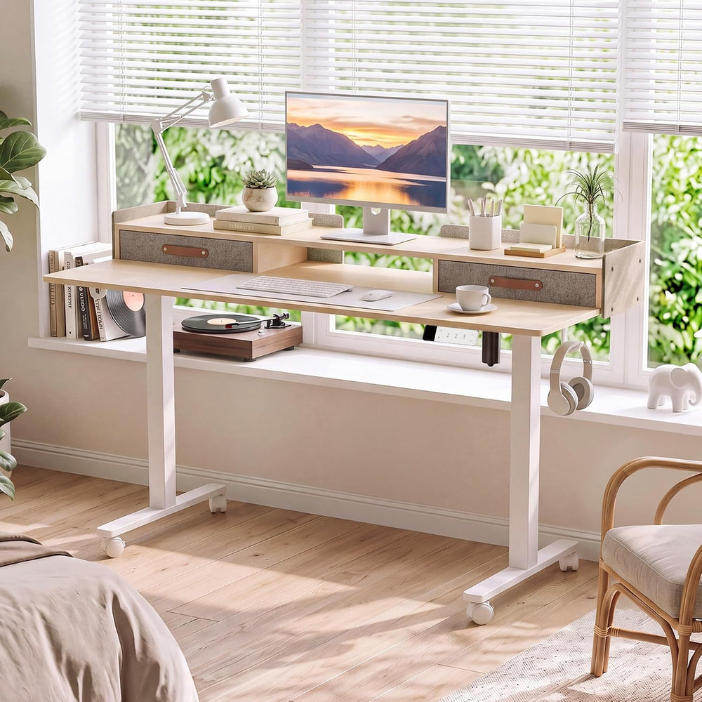 Claiks Standing Desk with Drawers & Wheels, 2 Height Shelf 59" Ntural