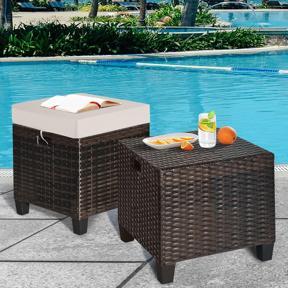 Set of 2 Outdoor Wicker Ottomans, All Weather Rattan Patio Footstool w/Remova...