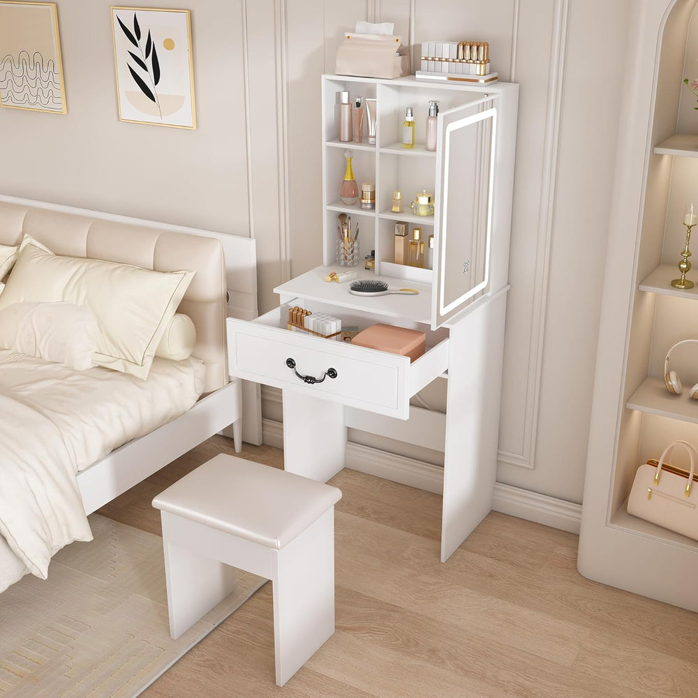Small Makeup Vanity Desk with Mirror and Lights, Vanity Table Set with Storag...