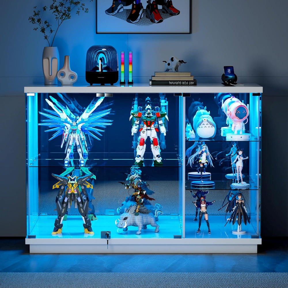 Gurexl 47.2" W Glass Display Cabinet with 3-Color LED Lights, 5-Tier Loc...