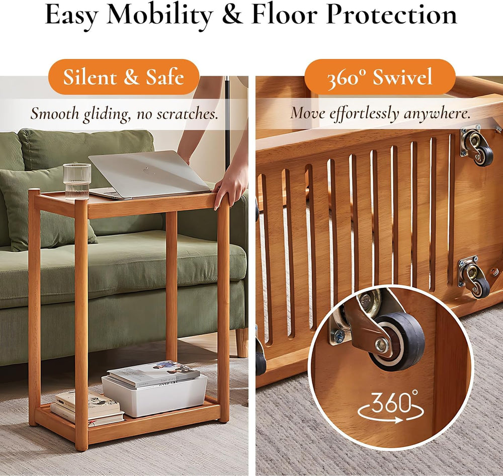 Side Table, Solid Wood Narrow End Table with Storage Shelf and Wheels, 2-Tier...