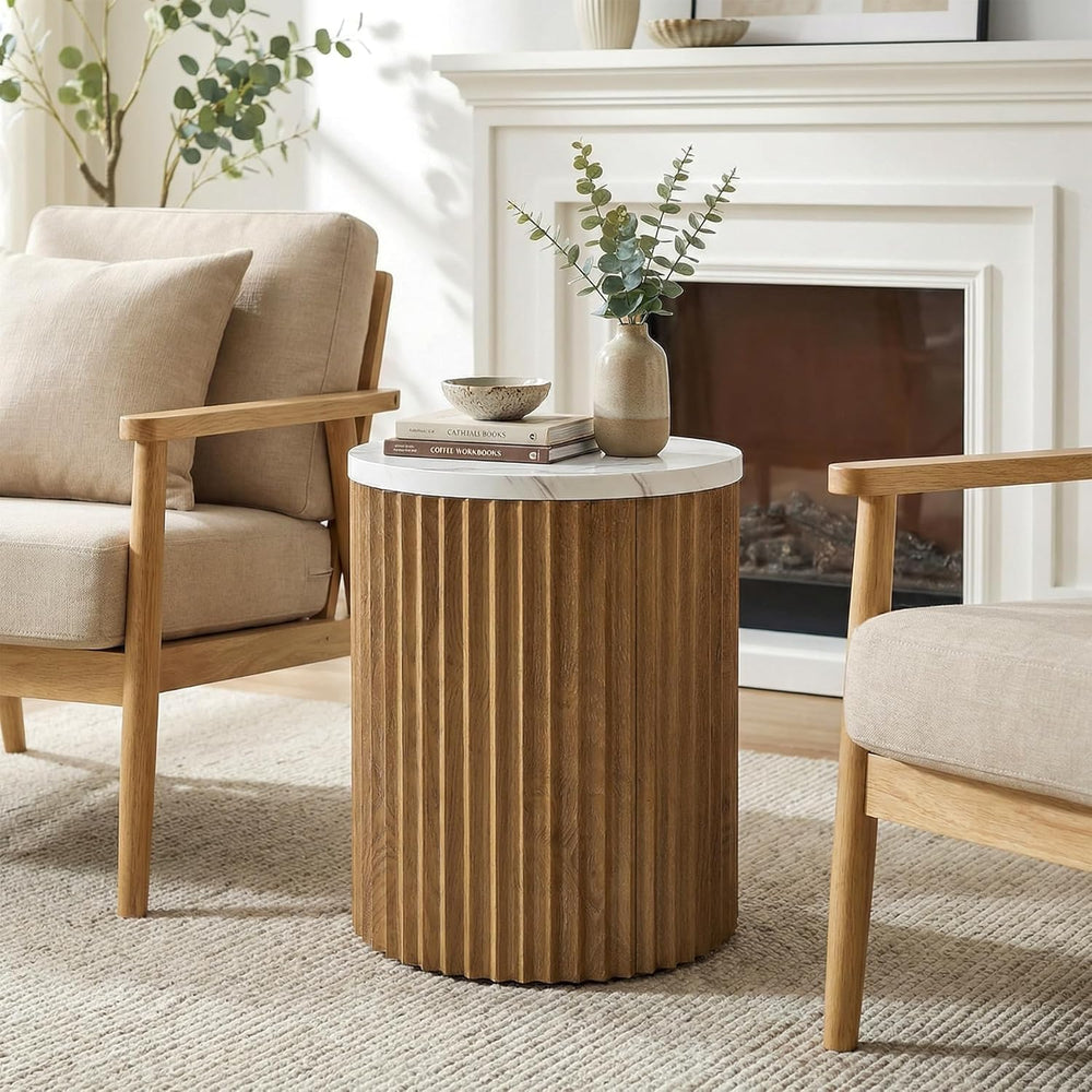 23.6-inch Round Side Table with Faux Marble Top, Drum Shape & Fluted Base...