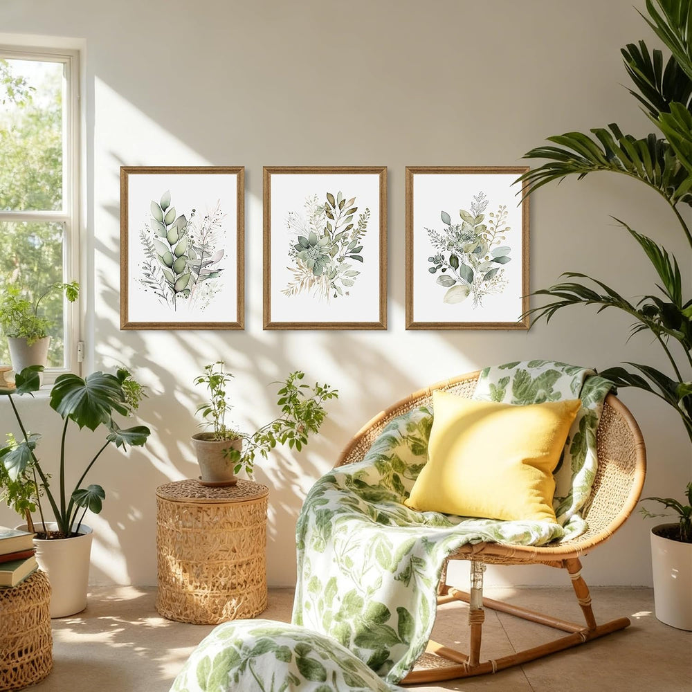 WRFON Framed Sage Green Botanical Wall Art Set of 3, Watercolor Eucalyptus &a...