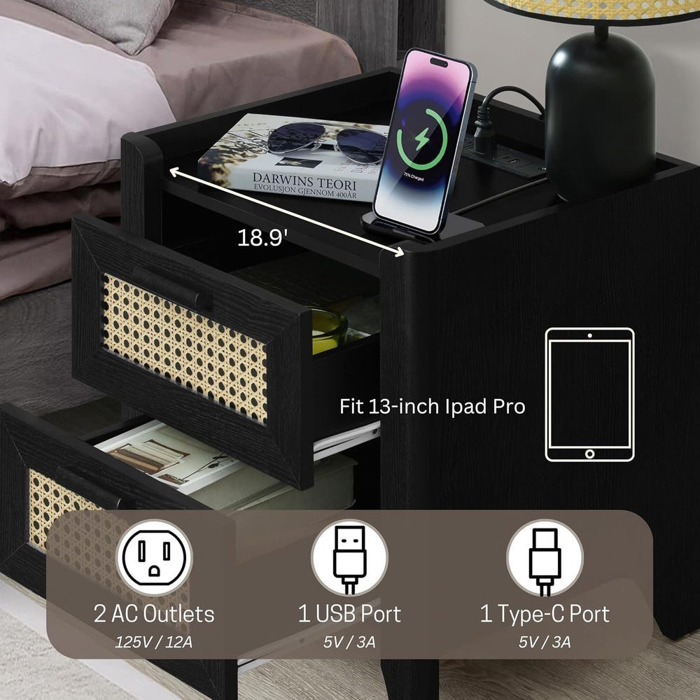 ELISA HOME Rattan-Inspired 2 Drawer Nightstand with Charging Station, Bedside...