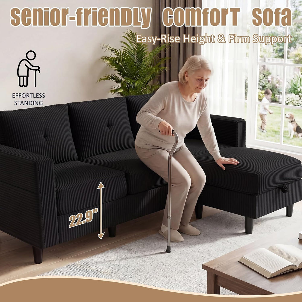 JAMFLY 77" L-Shaped Corduroy Sectional Sofa with Storage Ottoman, Black ...