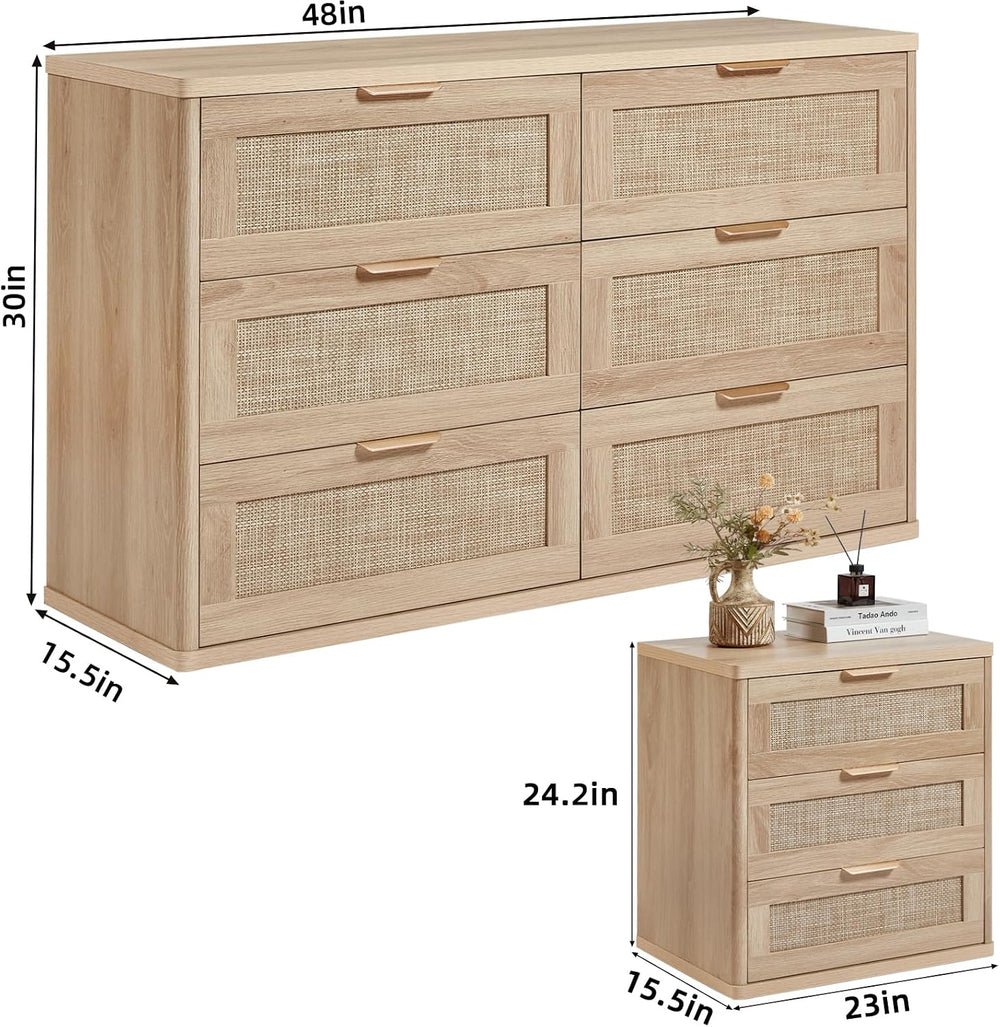 LEYAOYAO Rattan Dresser and Nightstand Sets 3 Piece, Natural