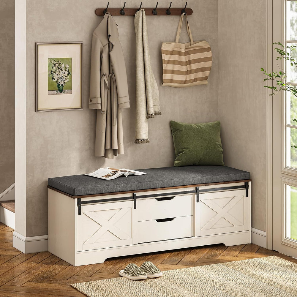 UPOSOJA 60“ Farmhouse Storage Bench with Cushion, Shoe Rack with Slide Barn D...