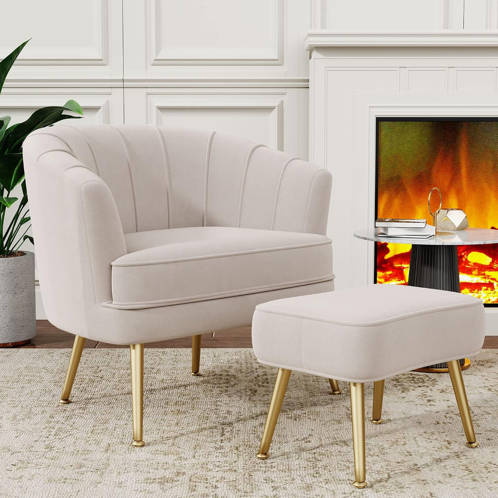 Andeworld Velvet Accent Chair with Ottoman, Barrel Armchair, Beige | Velvet U...