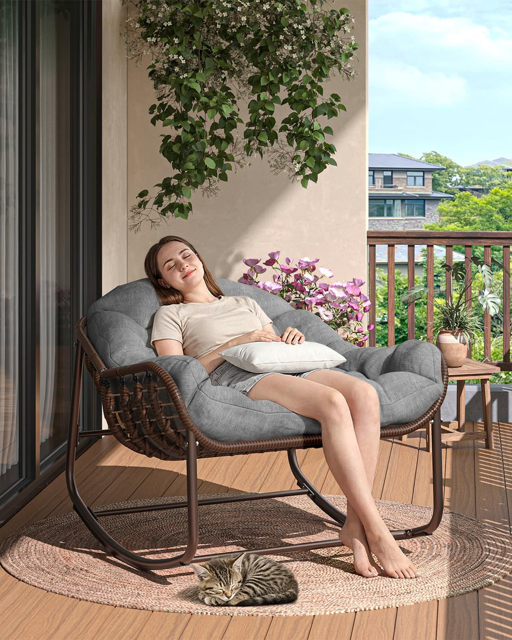 Oversized Papasan Rocking Lounge Chair with Neck Pillow, Hand Woven Rattan Ro...