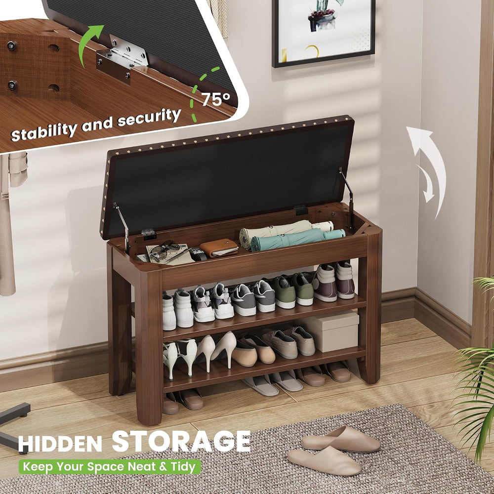 Shoe Bench for Entryway, Solid Rubberwood Shoe Bench with Hidden Storage, Adj...