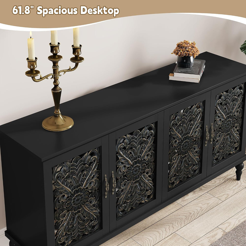 ARTPOWER 61.8" Hollow Carved Accent Cabinet with 4 Doors for Living Room