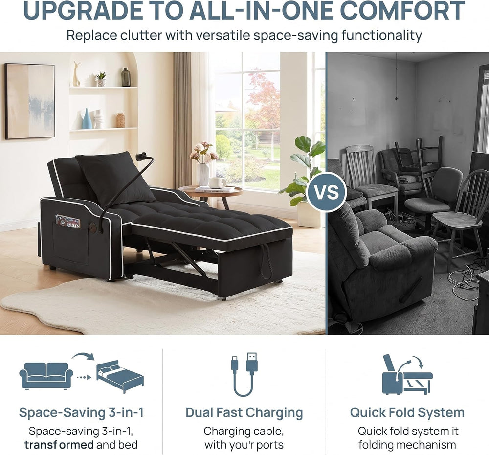 Single Sleeper Chair with USB Port, 3 In1 Pull Out Sofa Bed, Black