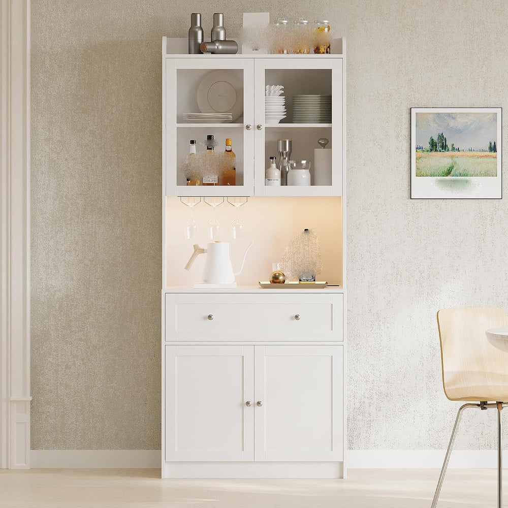 Kitchen Pantry Storage Cabinet 75.2” Tall, Modern Microwave Stand with Chargi...