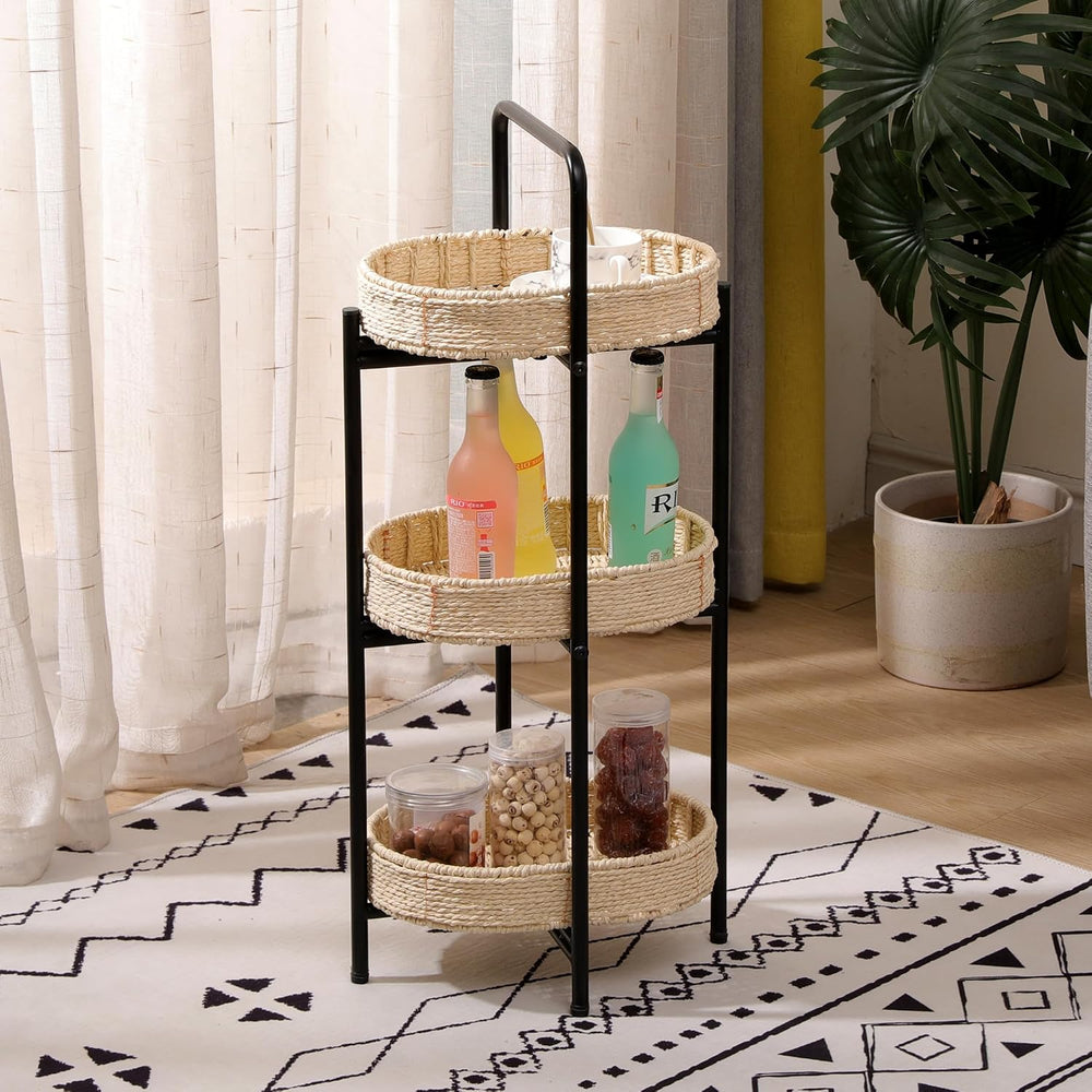 3-Tier Seagrass Woven Side Table, Oval Storage Basket with Trays,Farmhouse Co...