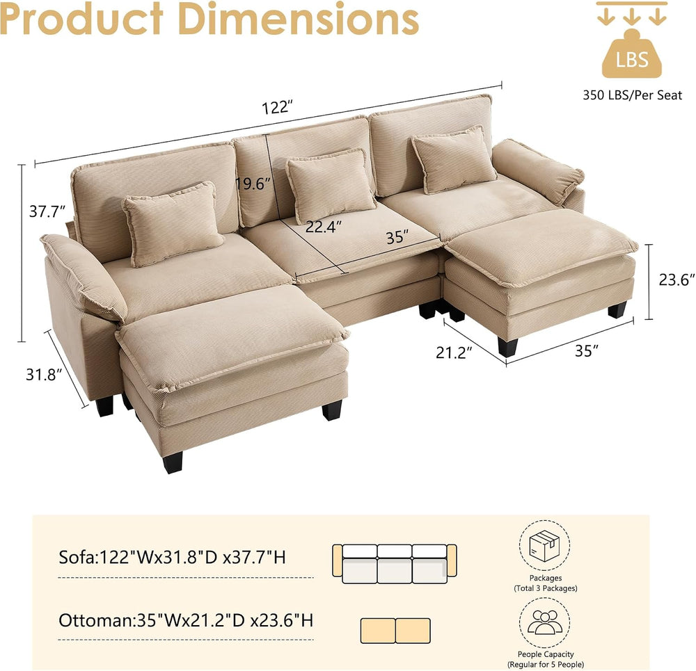 URRED Oversized Modular Sectional Sofa,Solid Khaki:122" U Shaped | Moder...