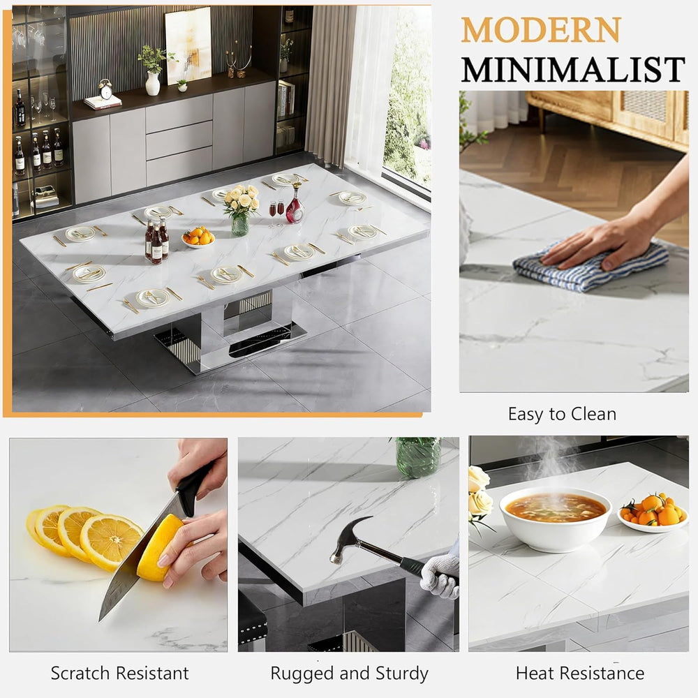 94 in Large Extendable Dining Table for 6 8 10, White Marble Pattern Top &...